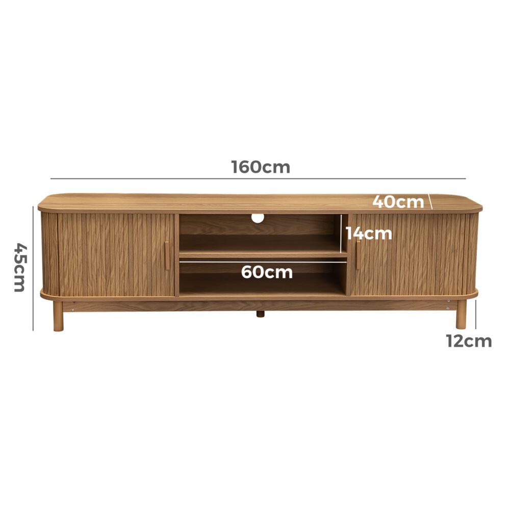 Rib &amp; Curve 160cm Natural TV Entertainment Unit – Ribbed Oval Frame &amp; 2-Door Storage - Greenora Living