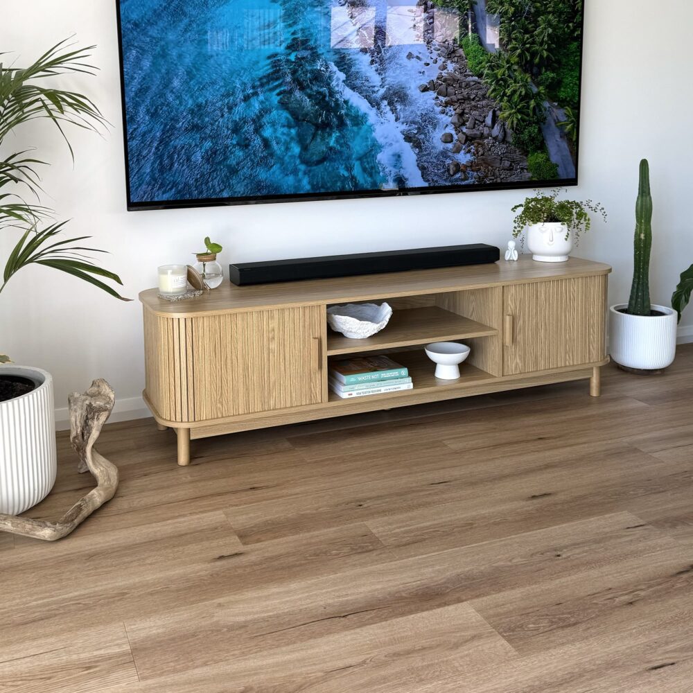 Rib & Curve 160cm Natural TV Entertainment Unit – Ribbed Oval Frame & 2-Door Storage - Greenora Living