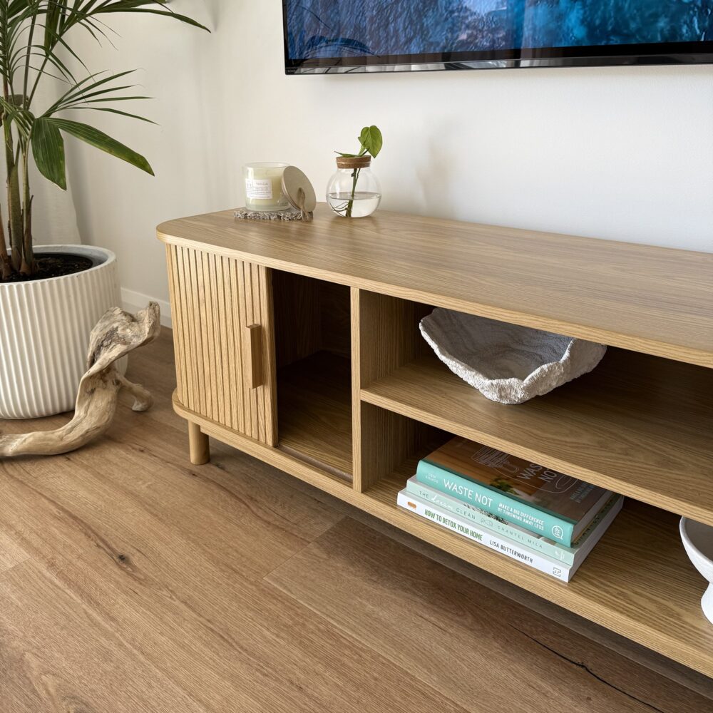 Rib &amp; Curve 160cm Natural TV Entertainment Unit – Ribbed Oval Frame &amp; 2-Door Storage - Greenora Living