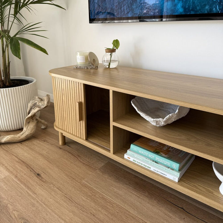 Rib &amp; Curve 160cm Natural TV Entertainment Unit – Ribbed Oval Frame &amp; 2-Door Storage - Greenora Living