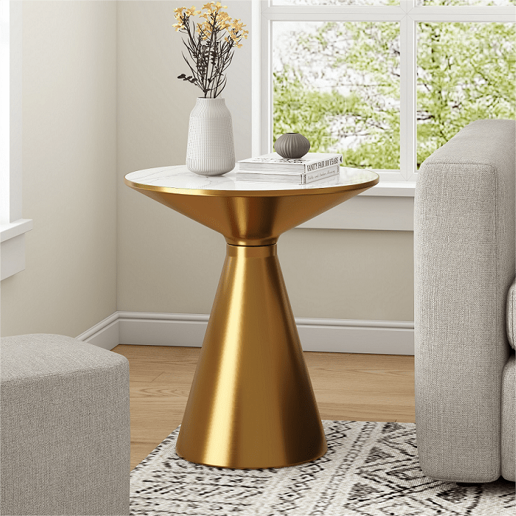 Golden Halo Round Side Table with Sintered Stone Top and Brushed Gold Base - Greenora Living