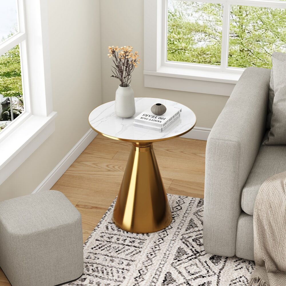 Golden Halo Round Side Table with Sintered Stone Top and Brushed Gold Base - Greenora Living