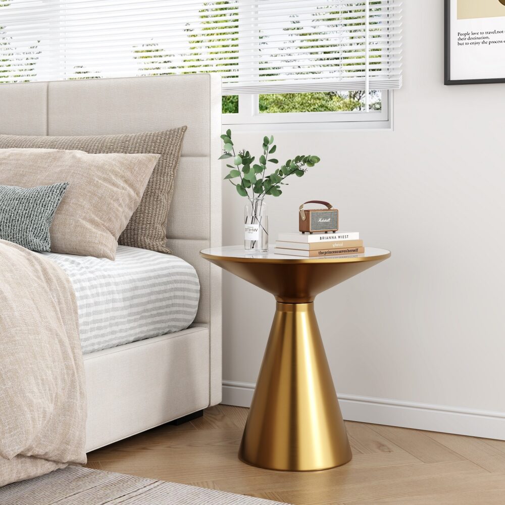 Golden Halo Round Side Table with Sintered Stone Top and Brushed Gold Base - Greenora Living