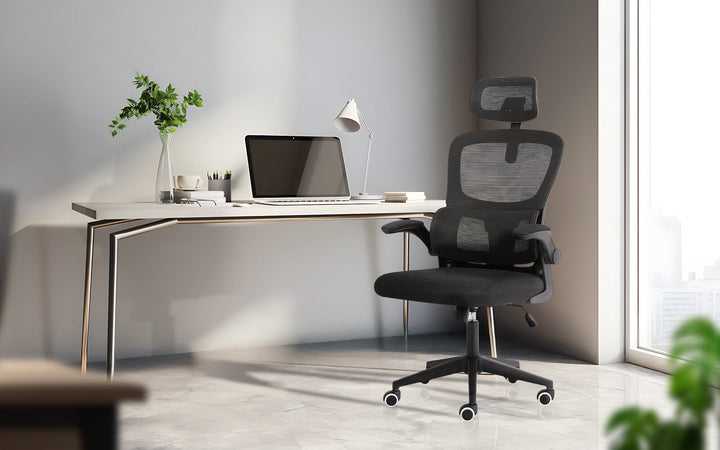 Ergonomic Mesh Office Chair – Adjustable Headrest &amp; Lumbar Support | Flip-Up Armrests | 120kg | Black - Greenora Living