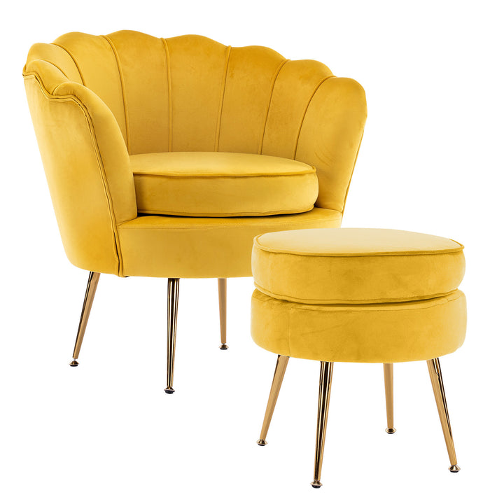 Sunburst Yellow Scalloped Velvet Armchair &amp; Round Ottoman Set – Gold Metal Legs | 9cm Foam | 120kg - Greenora Living