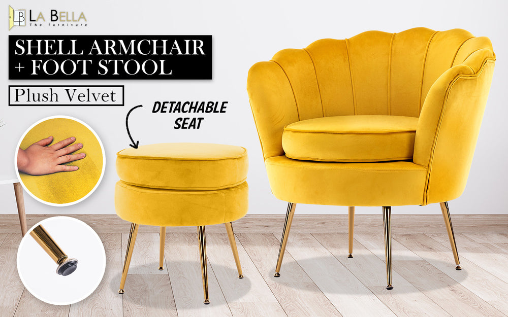 Sunburst Yellow Scalloped Velvet Armchair & Round Ottoman Set – Gold Metal Legs | 9cm Foam | 120kg - Greenora Living