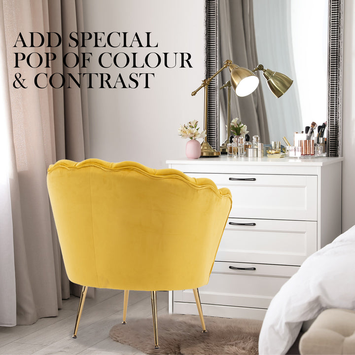 Sunburst Yellow Scalloped Velvet Armchair &amp; Round Ottoman Set – Gold Metal Legs | 9cm Foam | 120kg - Greenora Living