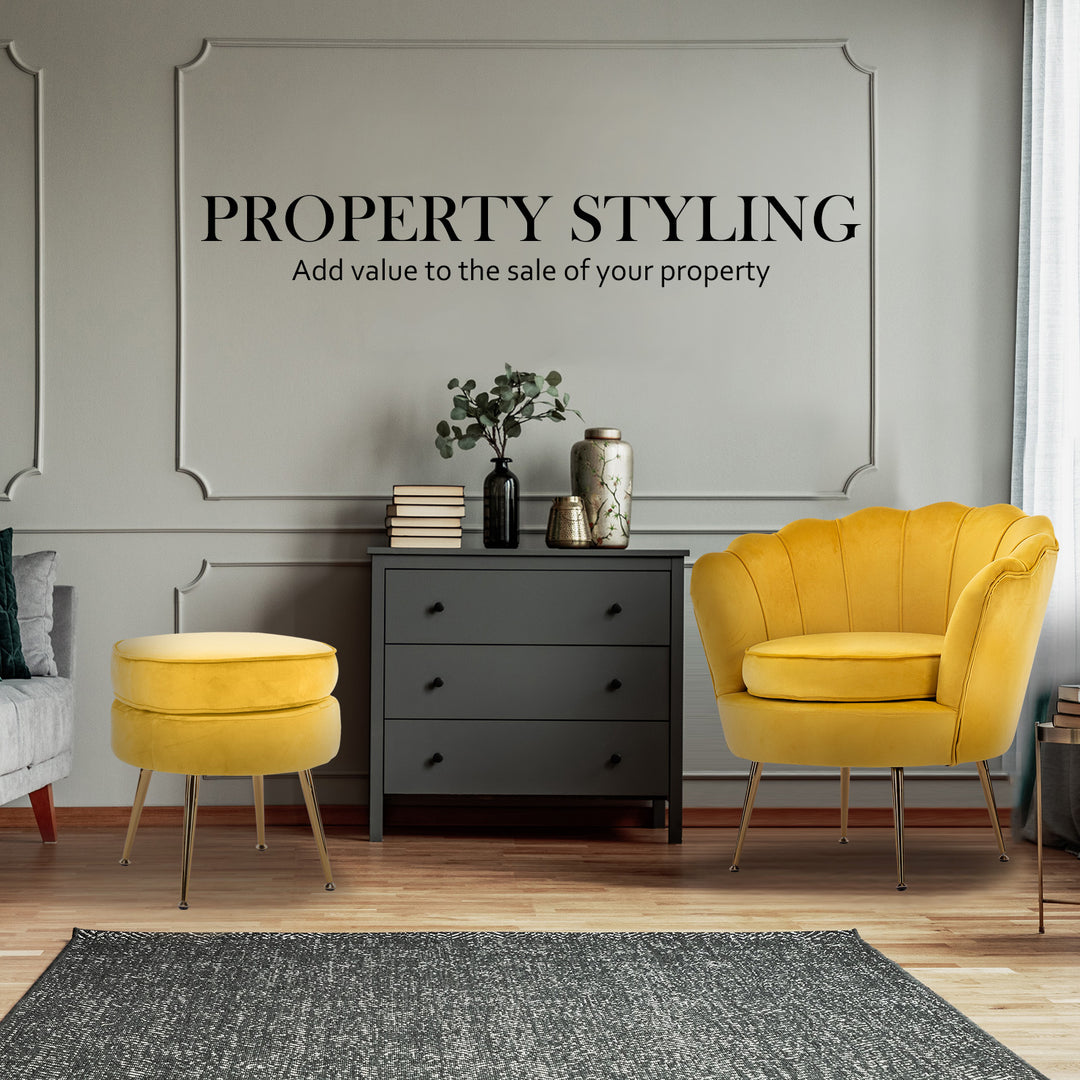 Sunburst Yellow Scalloped Velvet Armchair &amp; Round Ottoman Set – Gold Metal Legs | 9cm Foam | 120kg - Greenora Living