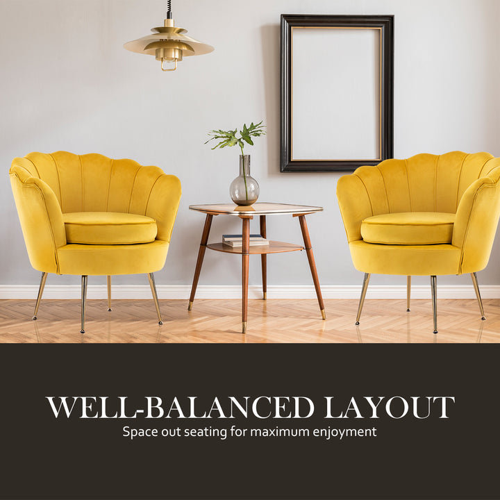 Sunburst Yellow Scalloped Velvet Armchair &amp; Round Ottoman Set – Gold Metal Legs | 9cm Foam | 120kg - Greenora Living