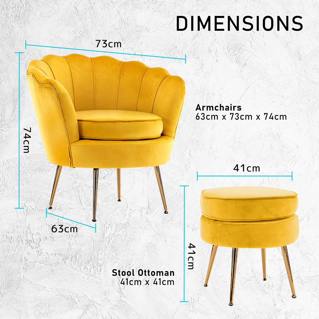 Sunburst Yellow Scalloped Velvet Armchair &amp; Round Ottoman Set – Gold Metal Legs | 9cm Foam | 120kg - Greenora Living