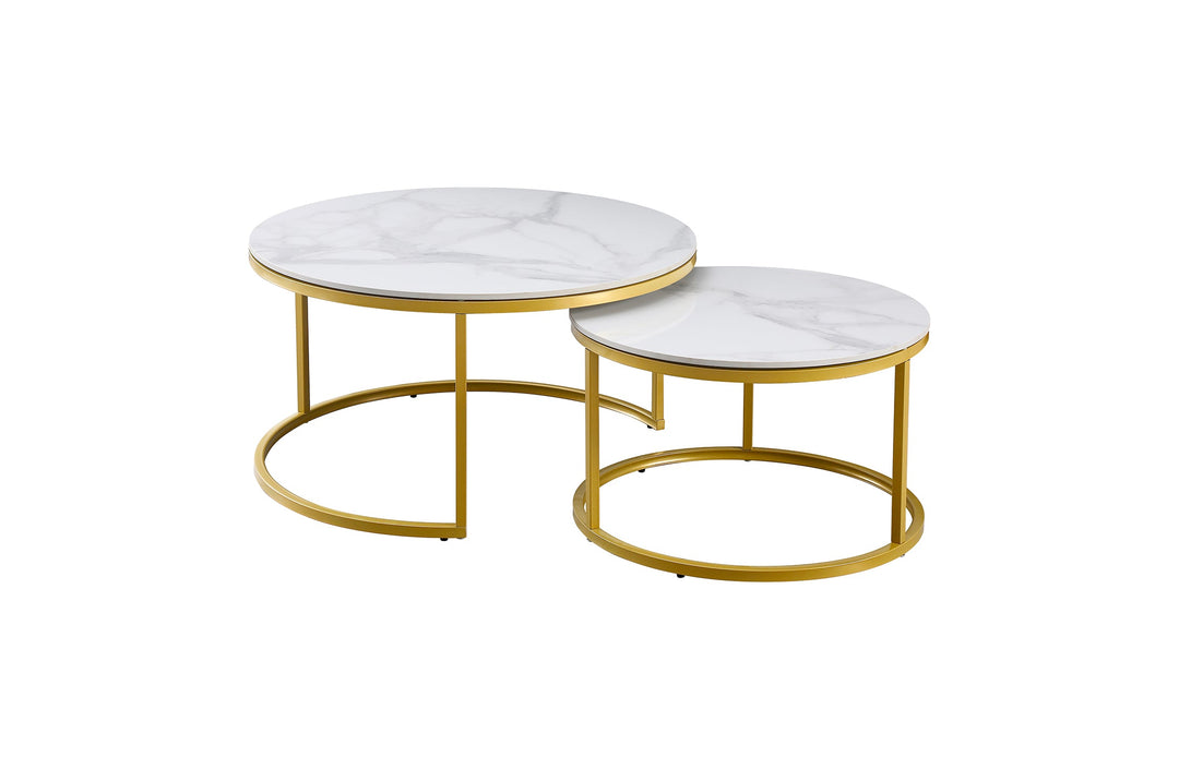 Champagne Nest Nesting Coffee Table Set with White Marble Top and Gold Frame - Greenora Living