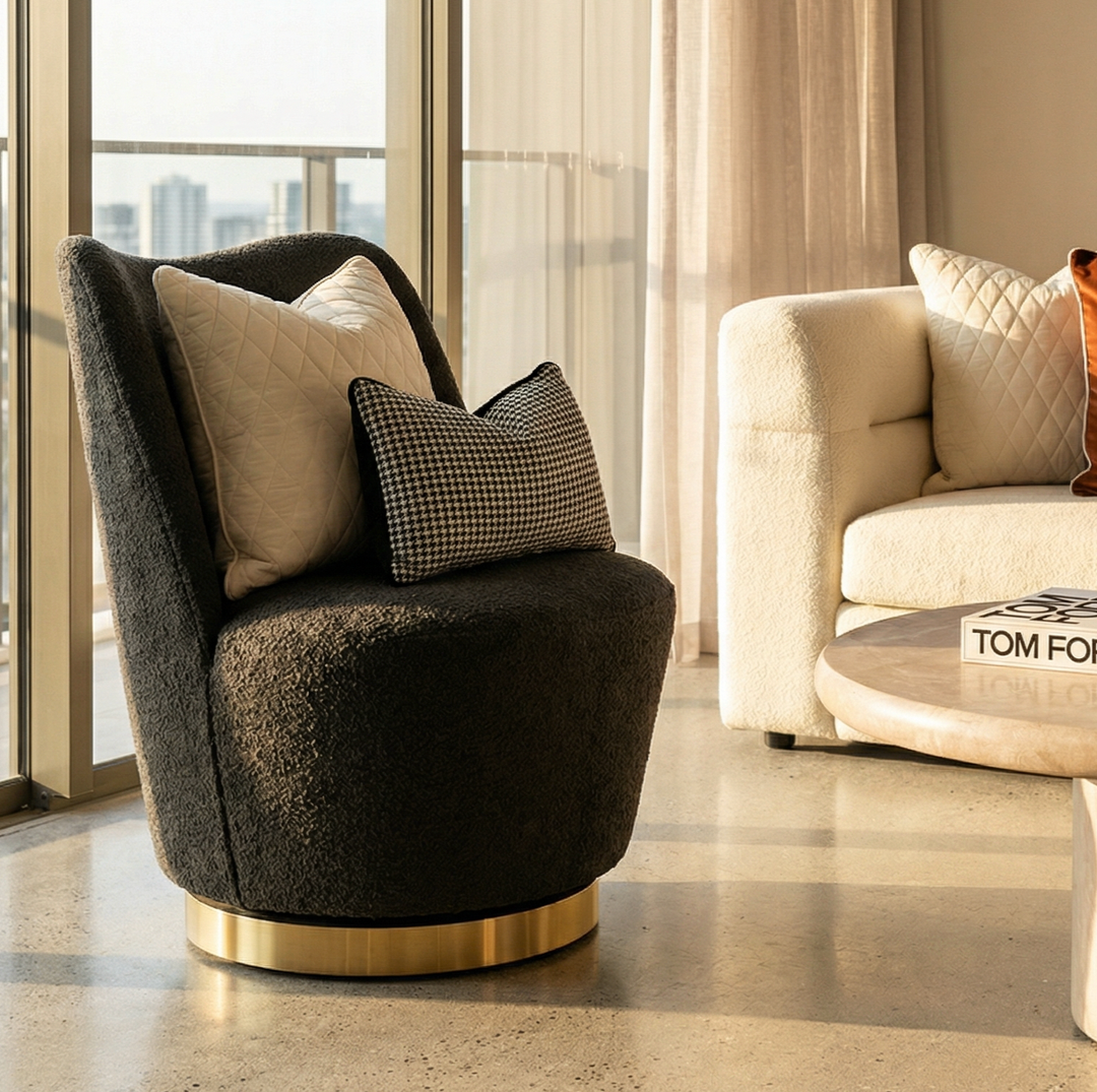 Swivel Accent Chair | Boucle Fabric | Curved Sculptural Form | 360° Swivel | Charcoal - Greenora Living