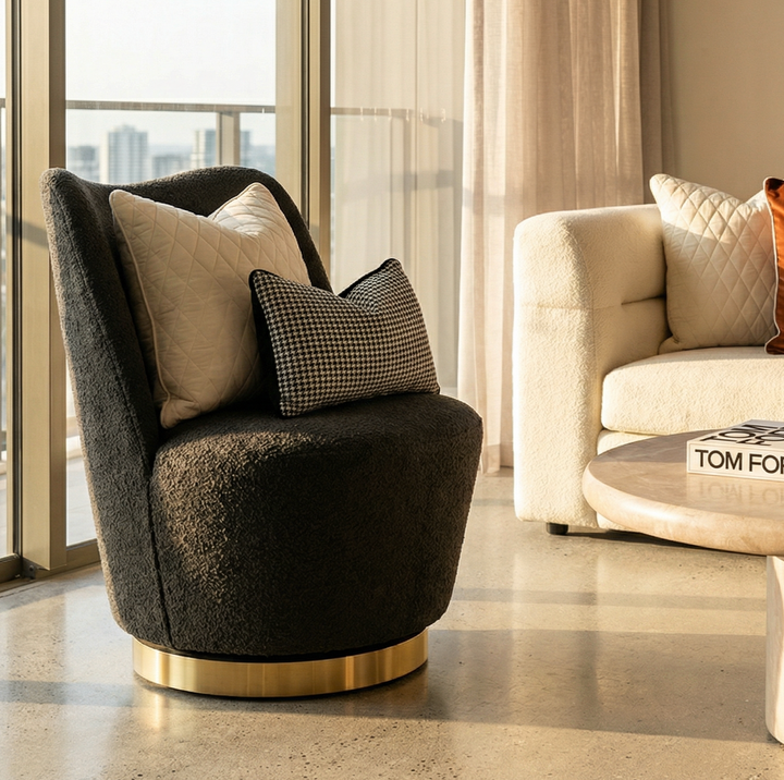 Swivel Accent Chair | Boucle Fabric | Curved Sculptural Form | 360° Swivel | Charcoal - Greenora Living