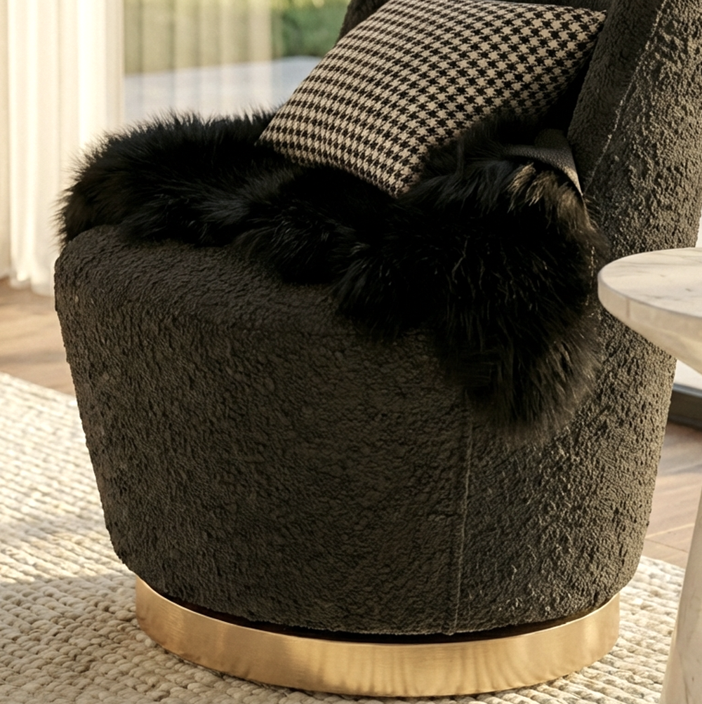 Swivel Accent Chair | Boucle Fabric | Curved Sculptural Form | 360° Swivel | Charcoal - Greenora Living