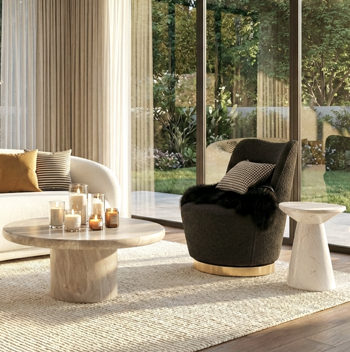 Swivel Accent Chair | Boucle Fabric | Curved Sculptural Form | 360° Swivel | Charcoal - Greenora Living