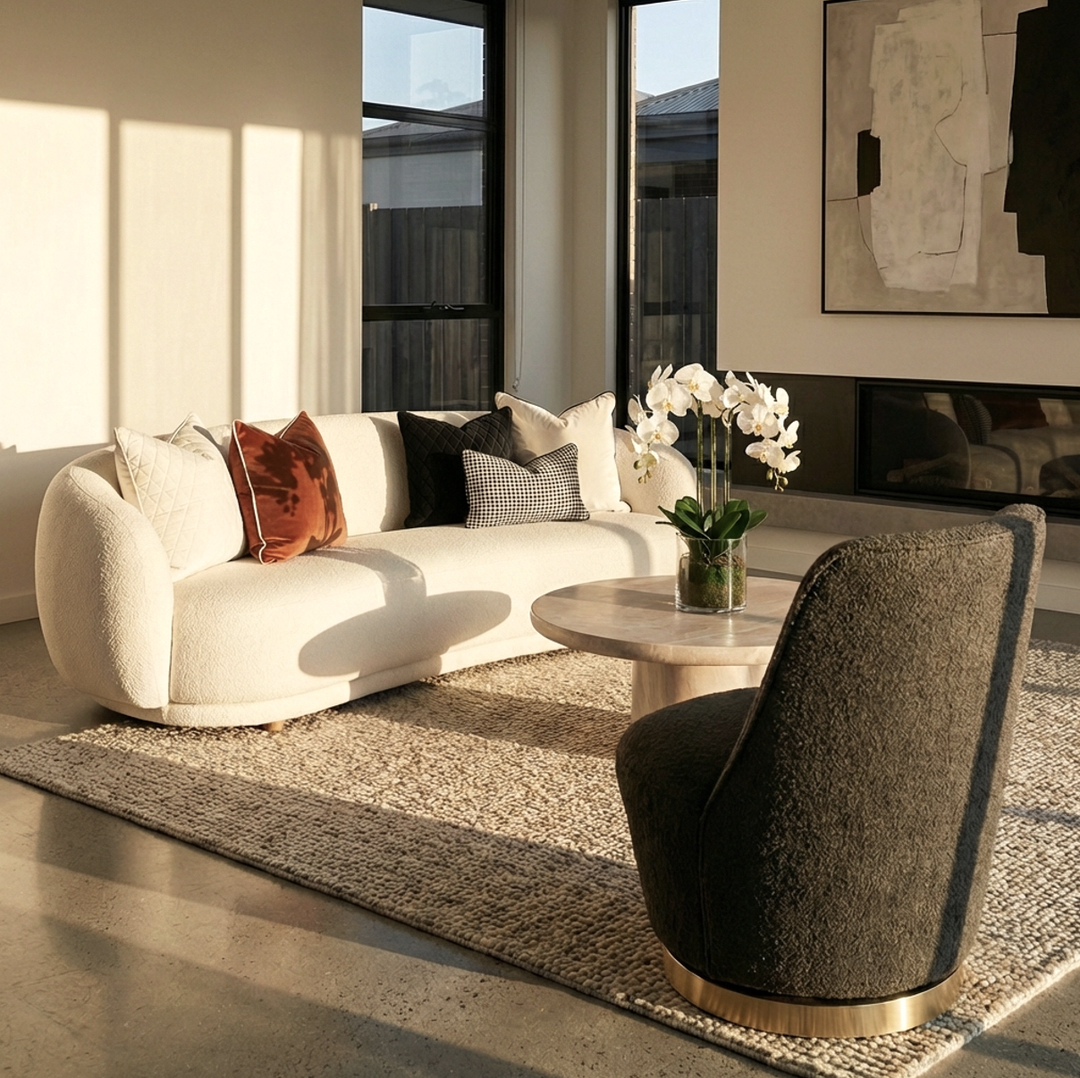Swivel Accent Chair | Boucle Fabric | Curved Sculptural Form | 360° Swivel | Charcoal - Greenora Living