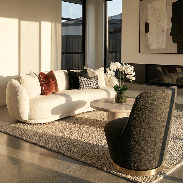 Swivel Accent Chair | Boucle Fabric | Curved Sculptural Form | 360° Swivel | Charcoal - Greenora Living