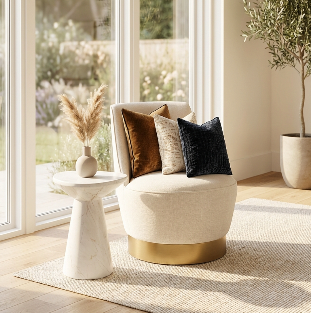 Chateau Oat Swivel Accent Chair – Natural Tweed | Curved Sculptural Form | 360° Swivel | Vanilla Oat - Greenora Living
