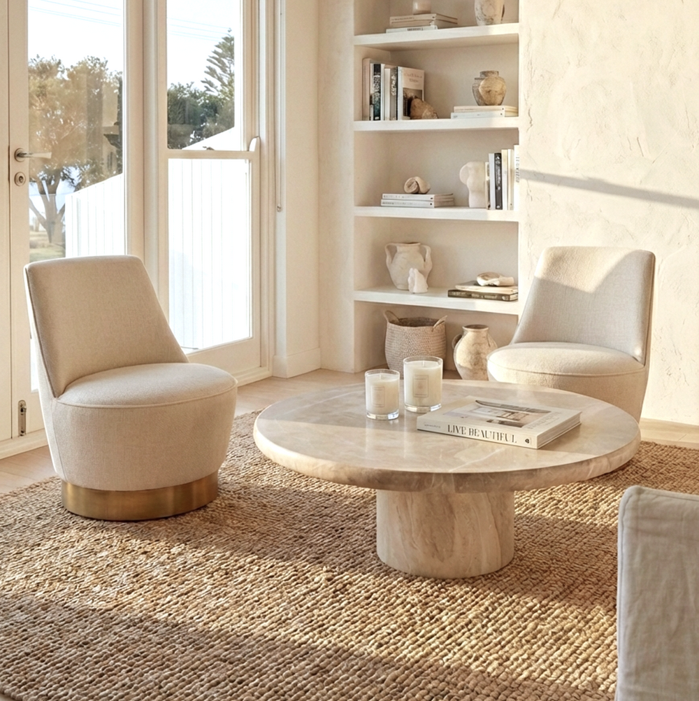 Chateau Oat Swivel Accent Chair – Natural Tweed | Curved Sculptural Form | 360° Swivel | Vanilla Oat - Greenora Living