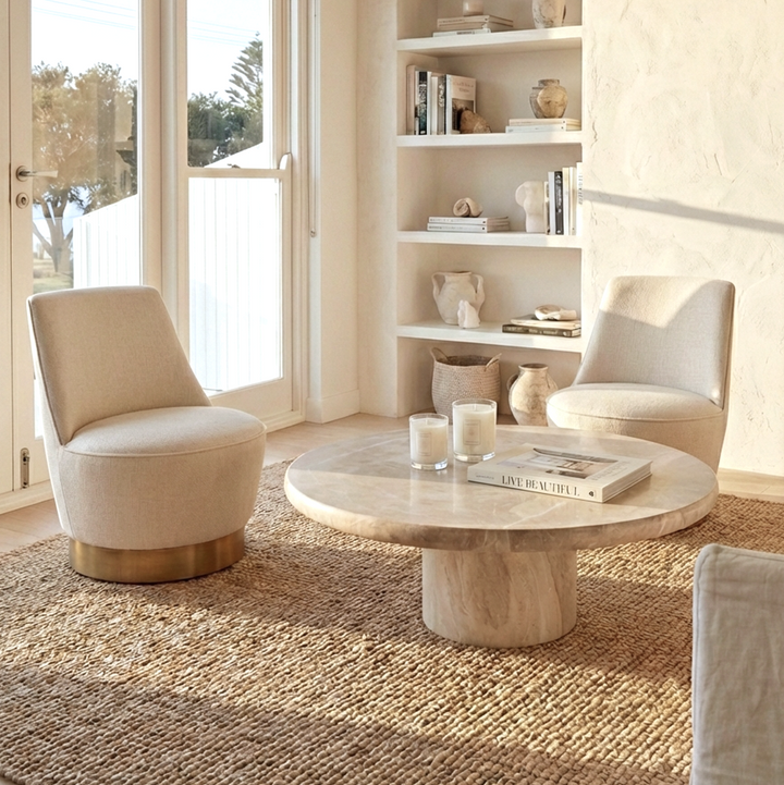 Chateau Oat Swivel Accent Chair – Natural Tweed | Curved Sculptural Form | 360° Swivel | Vanilla Oat - Greenora Living