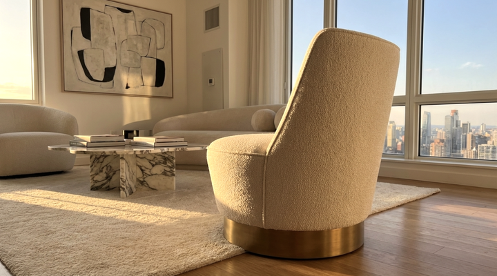 Chateau Oat Swivel Accent Chair – Natural Tweed | Curved Sculptural Form | 360° Swivel | Vanilla Oat - Greenora Living