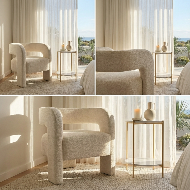 Portia Cloud Boucle Armchair – Curved Sculptural Form | Fully Padded | Compact Footprint | Off White - Greenora Living