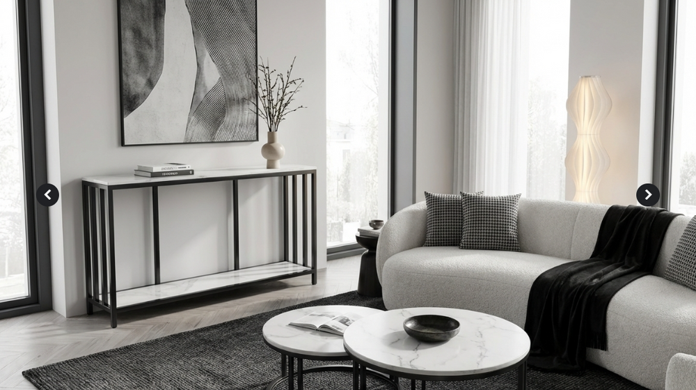 Bronte Console Table – Dual-Layer Sintered Stone Marble Top, Black Iron Legs & 60kg Capacity | 120cm | White & Black - Greenora Living