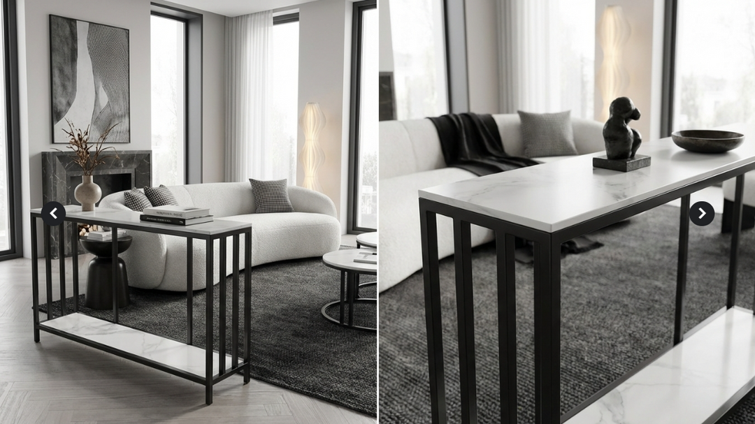 Bronte Console Table – Dual-Layer Sintered Stone Marble Top, Black Iron Legs &amp; 60kg Capacity | 120cm | White &amp; Black - Greenora Living