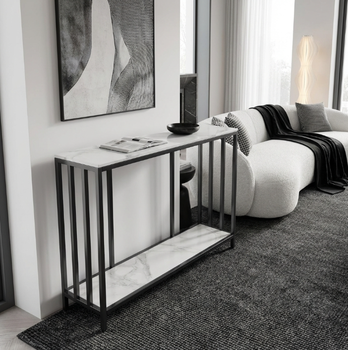 Bronte Console Table – Dual-Layer Sintered Stone Marble Top, Black Iron Legs &amp; 60kg Capacity | 120cm | White &amp; Black - Greenora Living