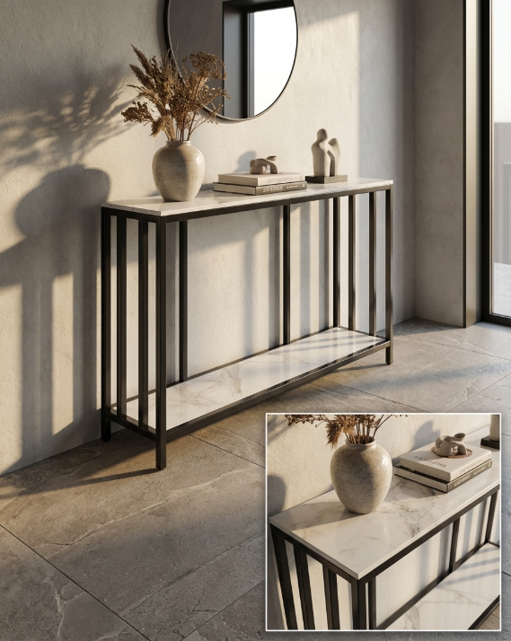 Bronte Console Table – Dual-Layer Sintered Stone Marble Top, Black Iron Legs &amp; 60kg Capacity | 120cm | White &amp; Black - Greenora Living