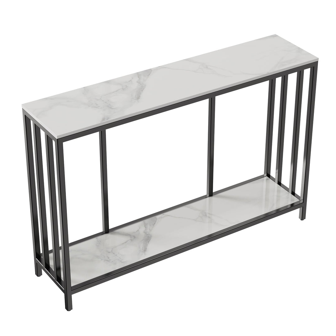 Bronte Console Table – Dual-Layer Sintered Stone Marble Top, Black Iron Legs &amp; 60kg Capacity | 120cm | White &amp; Black - Greenora Living
