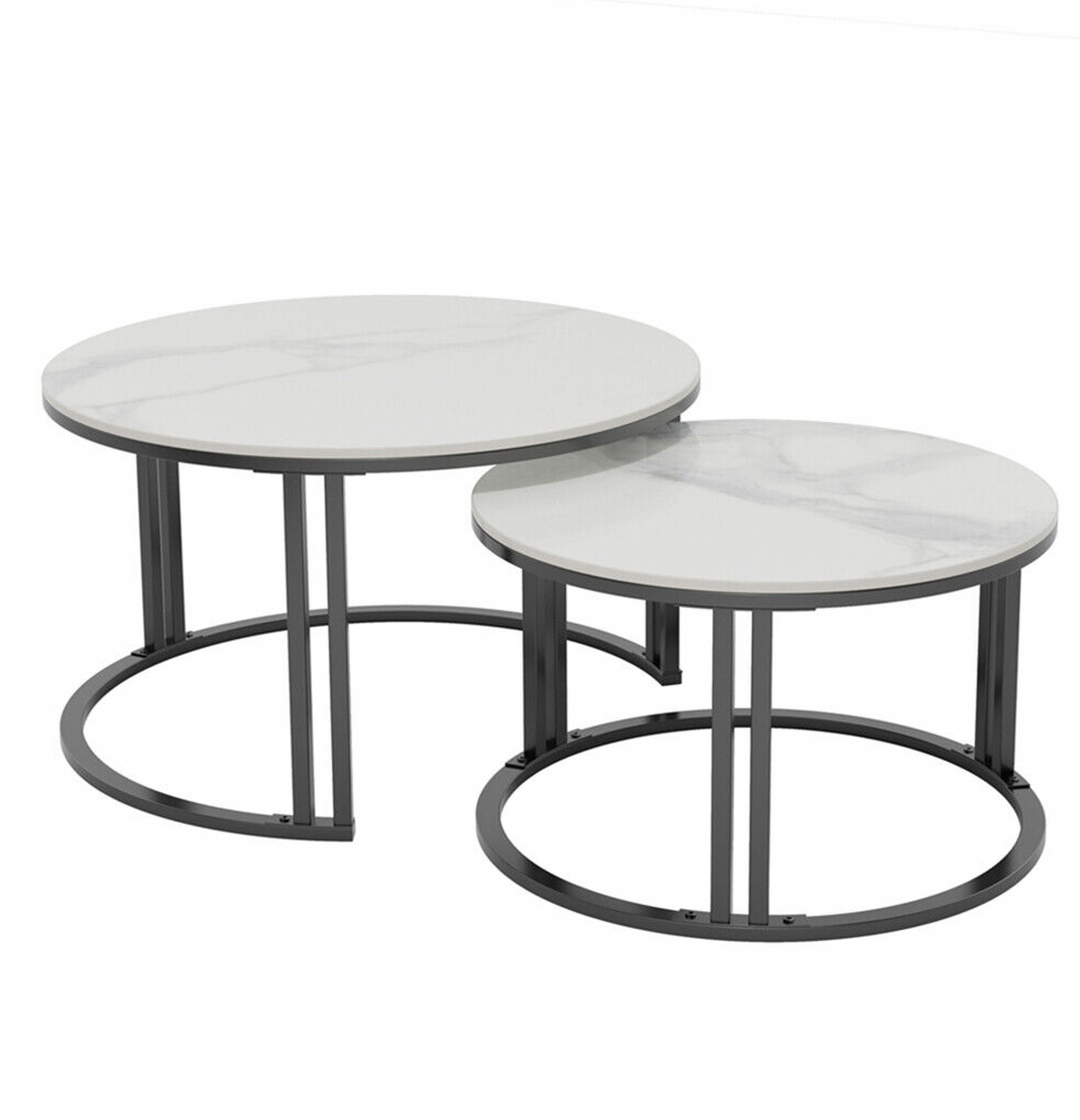 Marble Nest White Sintered Stone Nesting Coffee Table Set with Black Iron Legs - Greenora Living