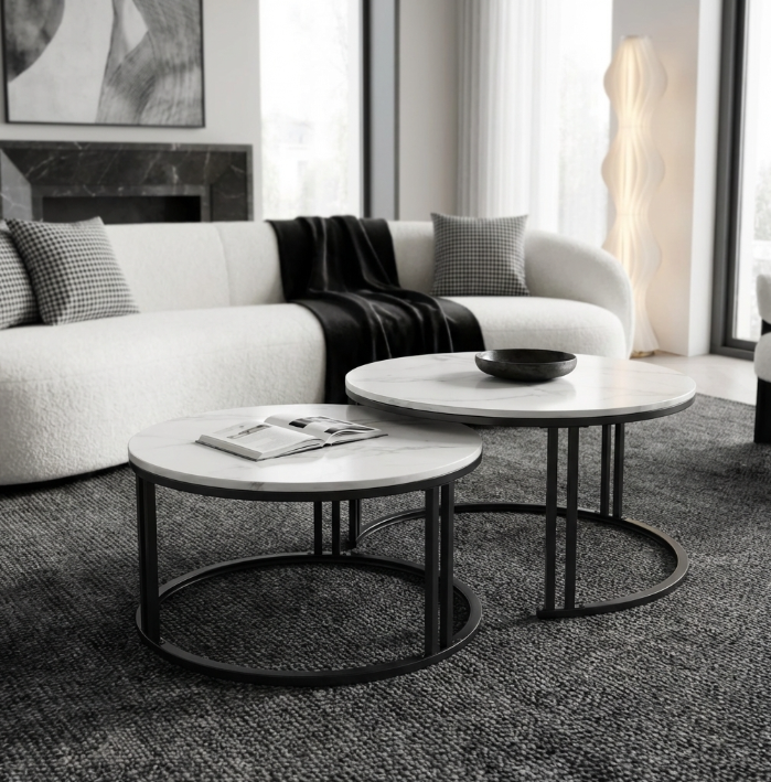 Marble Nest White Sintered Stone Nesting Coffee Table Set with Black Iron Legs - Greenora Living