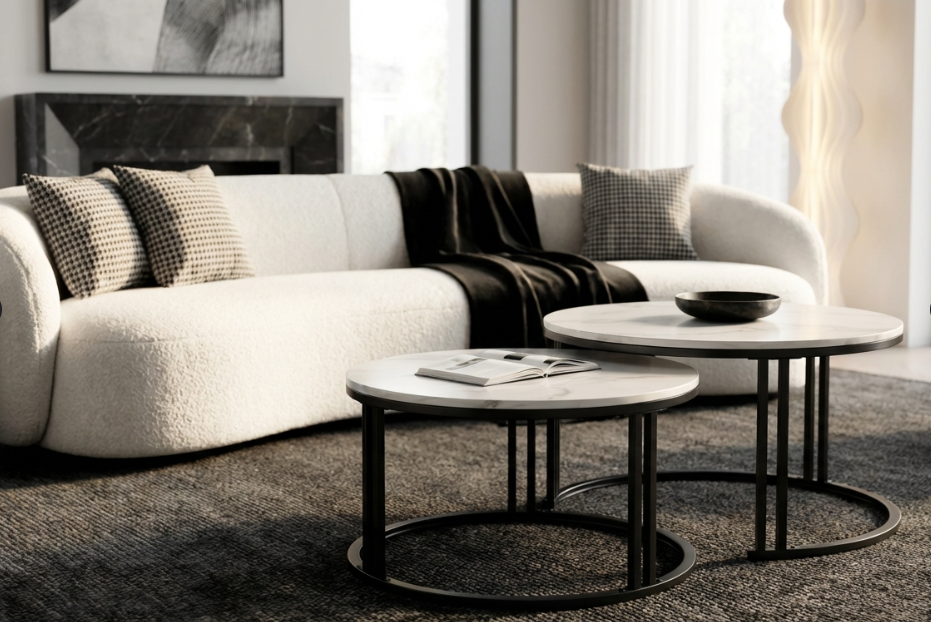 Marble Nest White Sintered Stone Nesting Coffee Table Set with Black Iron Legs - Greenora Living