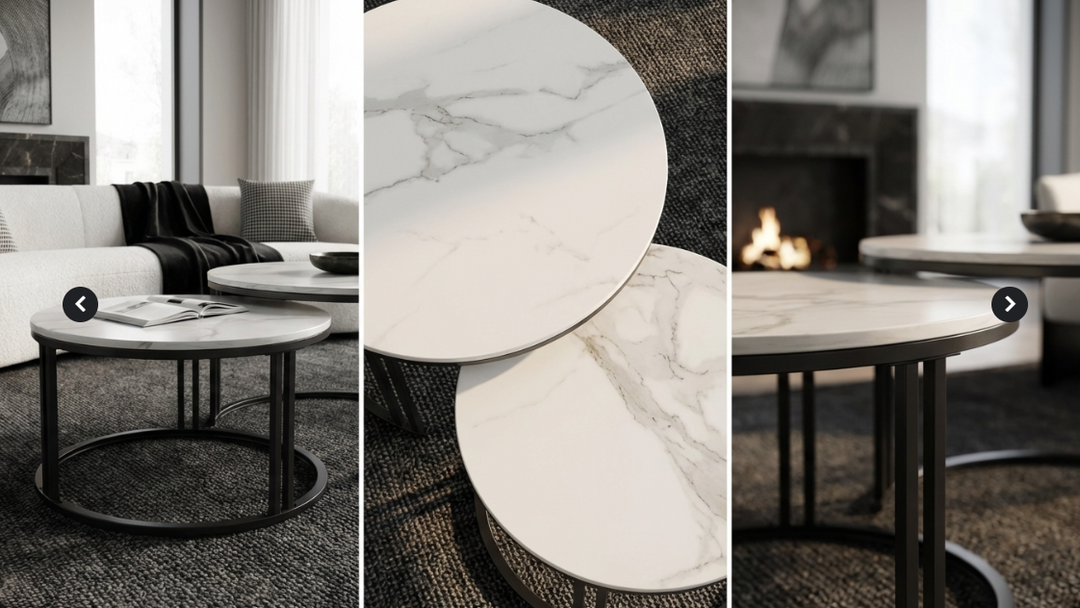 Marble Nest White Sintered Stone Nesting Coffee Table Set with Black Iron Legs - Greenora Living