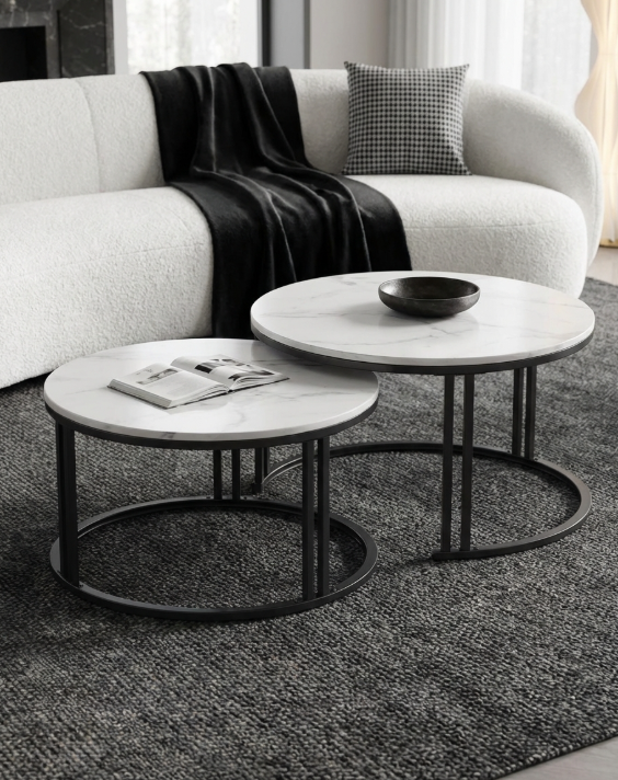 Marble Nest White Sintered Stone Nesting Coffee Table Set with Black Iron Legs - Greenora Living