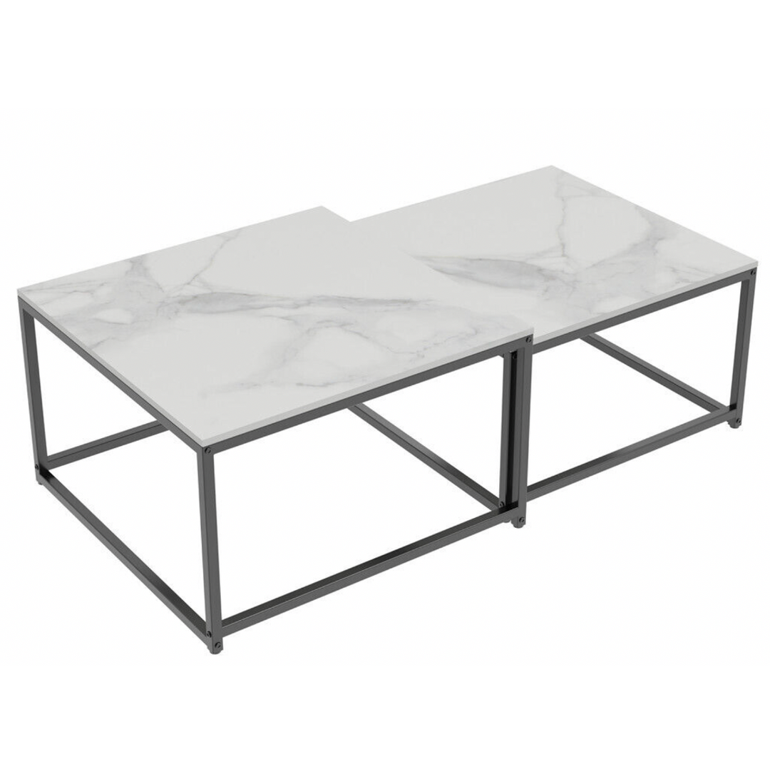 Stone Nest  White Sintered Stone Square Nesting Coffee Table Set with Black Iron Legs - Greenora Living