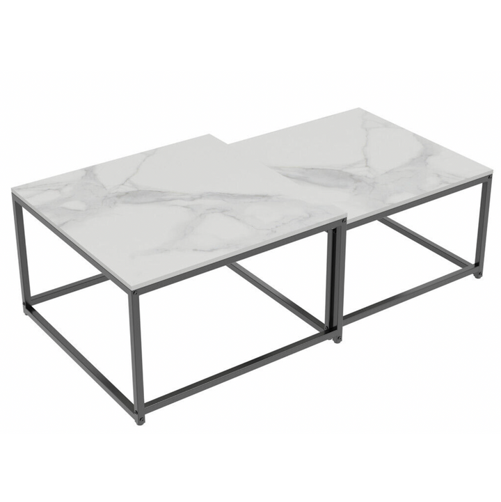 Stone Nest  White Sintered Stone Square Nesting Coffee Table Set with Black Iron Legs - Greenora Living