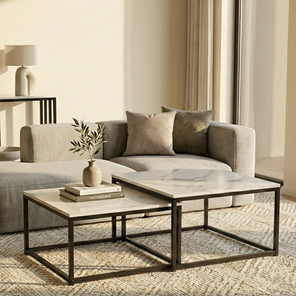 Stone Nest  White Sintered Stone Square Nesting Coffee Table Set with Black Iron Legs - Greenora Living