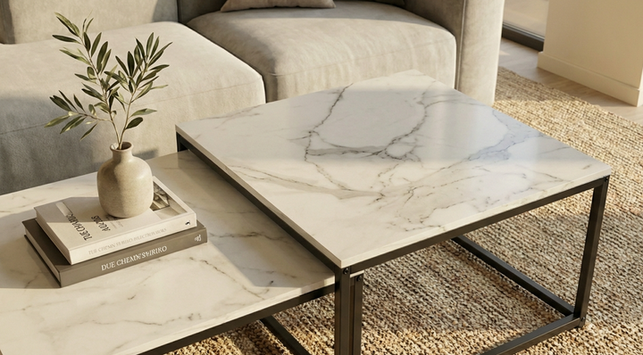 Stone Nest  White Sintered Stone Square Nesting Coffee Table Set with Black Iron Legs - Greenora Living
