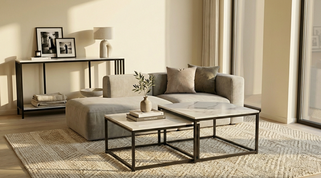 Stone Nest  White Sintered Stone Square Nesting Coffee Table Set with Black Iron Legs - Greenora Living