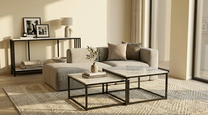 Stone Nest  White Sintered Stone Square Nesting Coffee Table Set with Black Iron Legs - Greenora Living