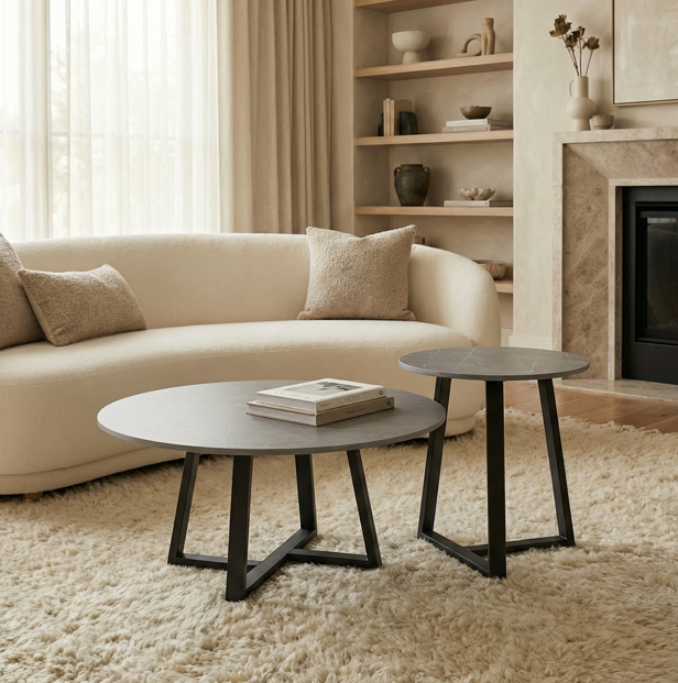 Strata – Grey Sintered Stone Two-Tier Coffee Table Set with Metal Frame - Greenora Living