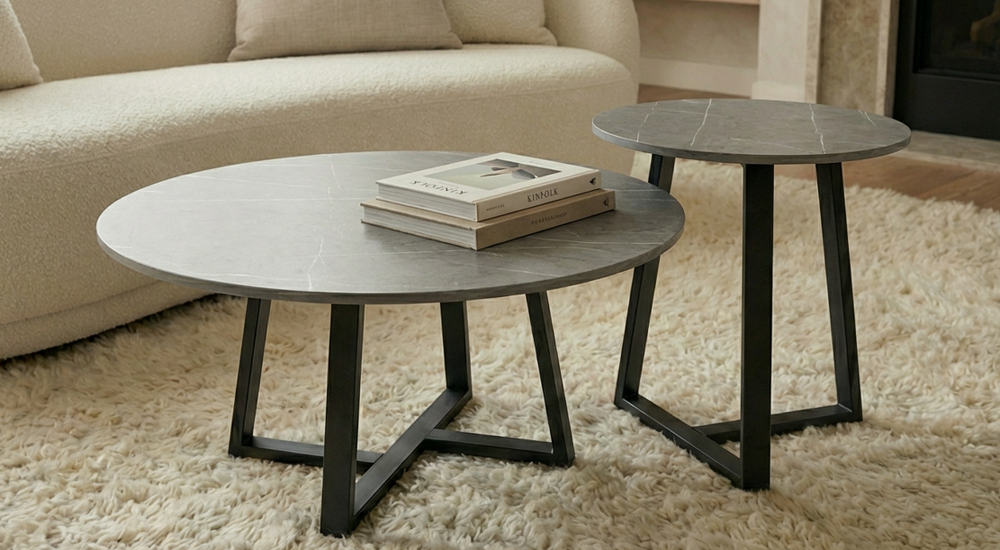 Strata – Grey Sintered Stone Two-Tier Coffee Table Set with Metal Frame - Greenora Living