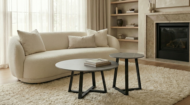 Strata – Grey Sintered Stone Two-Tier Coffee Table Set with Metal Frame - Greenora Living