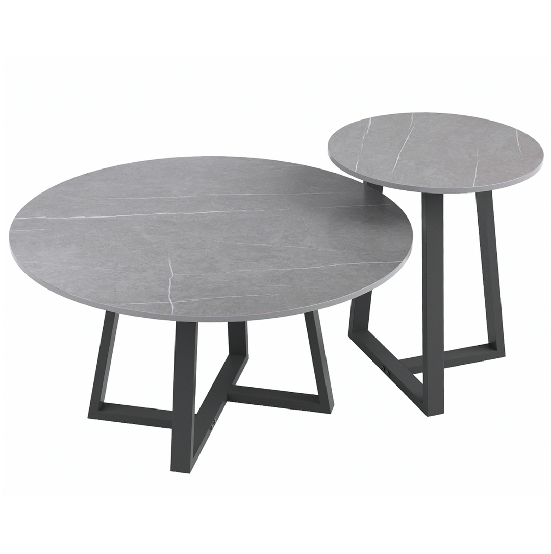 Strata – Grey Sintered Stone Two-Tier Coffee Table Set with Metal Frame - Greenora Living