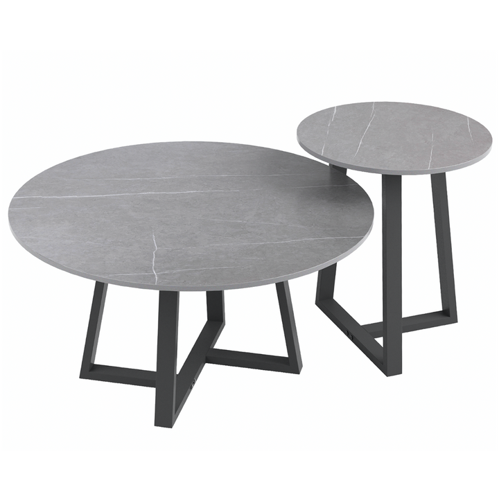 Strata – Grey Sintered Stone Two-Tier Coffee Table Set with Metal Frame - Greenora Living