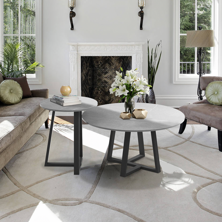 Strata – Grey Sintered Stone Two-Tier Coffee Table Set with Metal Frame - Greenora Living