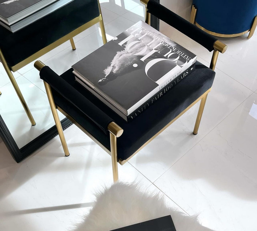 Velvet Vanity Stool | Steel Base &amp; Legs | Black | 58x42x58cm - Greenora Living