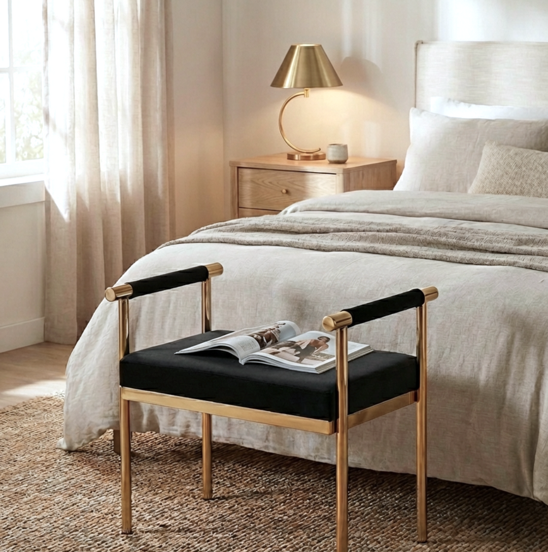 Velvet Vanity Stool | Steel Base &amp; Legs | Black | 58x42x58cm - Greenora Living